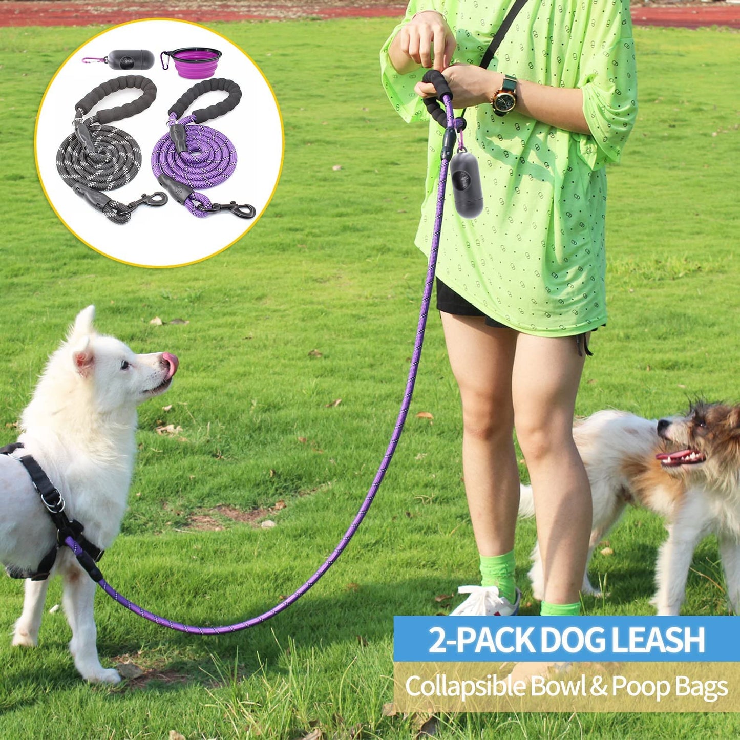 2-Pack 5/6 FT Dog Leash Set with Padded Handle and Reflective Threads for Small, Medium, and Large Dogs (5FT-1/2'', Black and Purple)