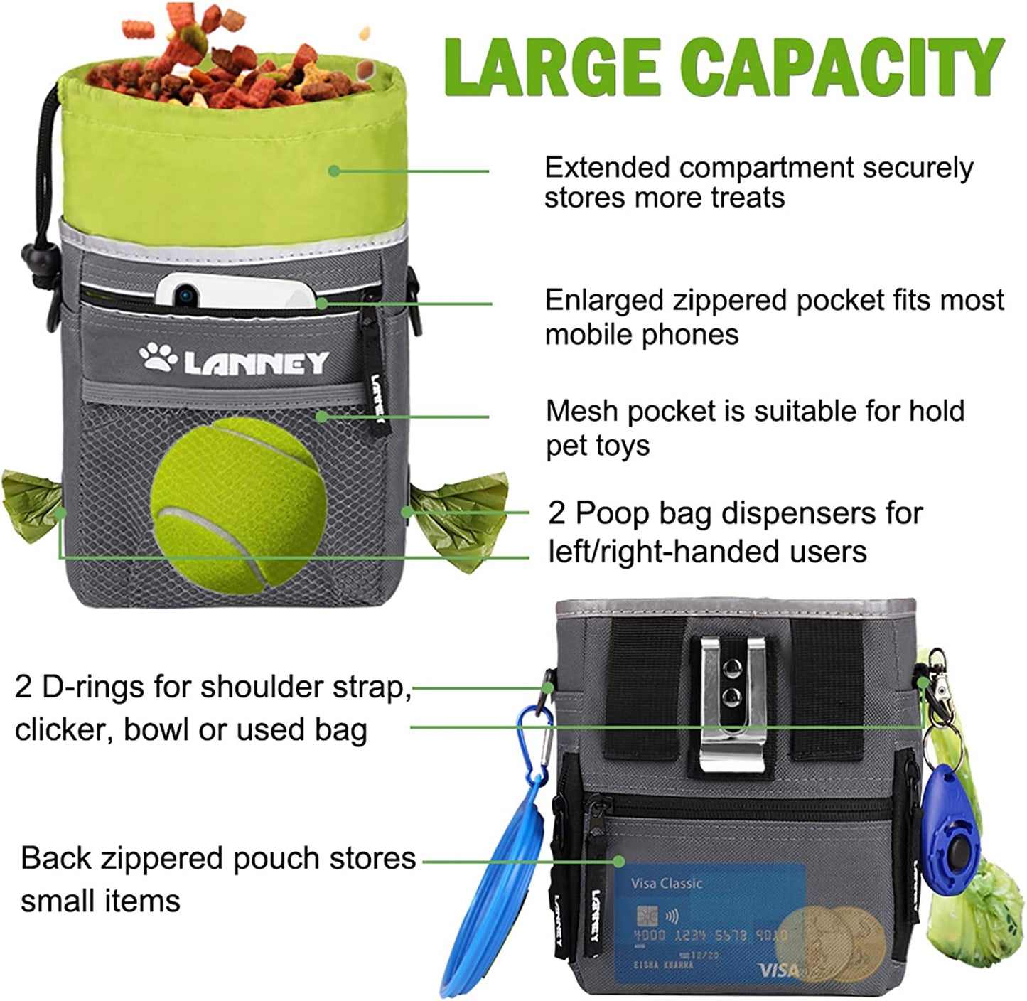 Dog Treat Pouch - Versatile Wearable Training Bag with Clicker, Shoulder Strap, Adjustable Belt, Poop Bag Dispenser, and Convenient Storage for Kibble and Pet Toys