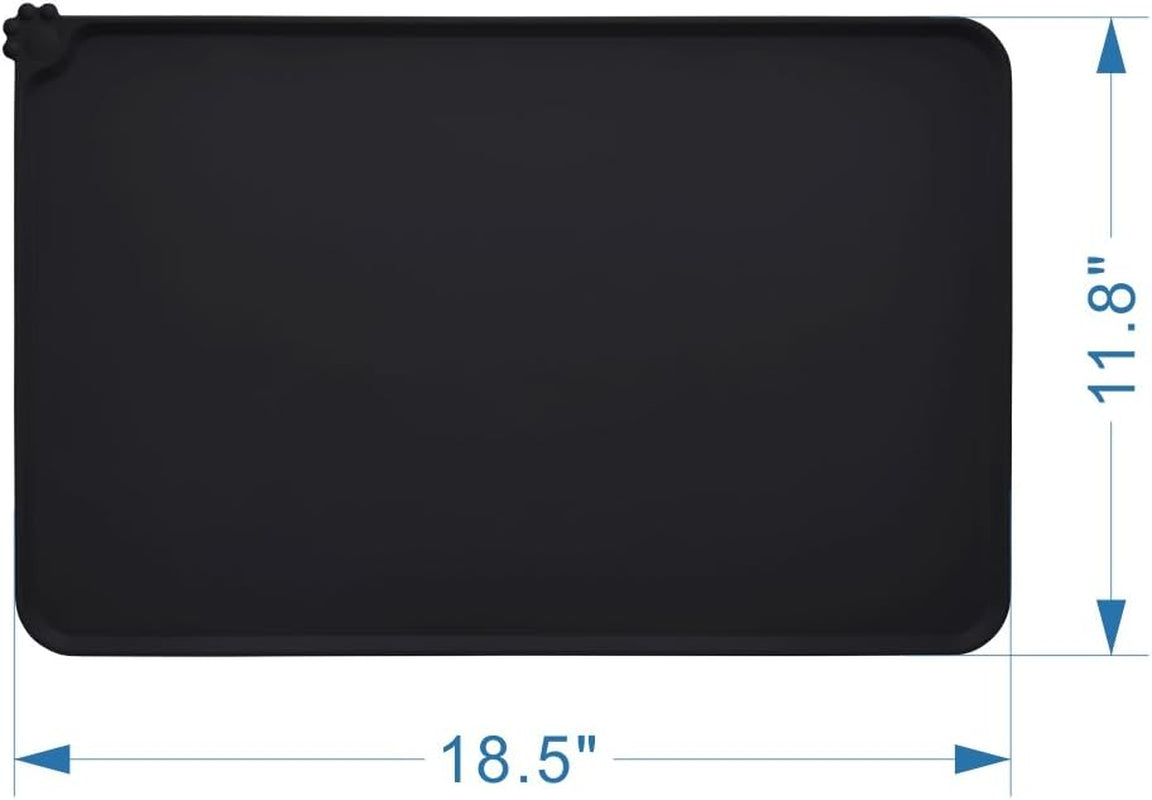 Silicone Non-Slip Dog and Cat Feeding Mat, Waterproof Pet Bowl Placemat for Small Animals (18.5" x 11.8", Black)
