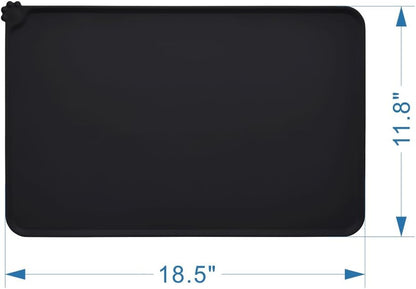 Silicone Non-Slip Dog and Cat Feeding Mat, Waterproof Pet Bowl Placemat for Small Animals (18.5" x 11.8", Black)