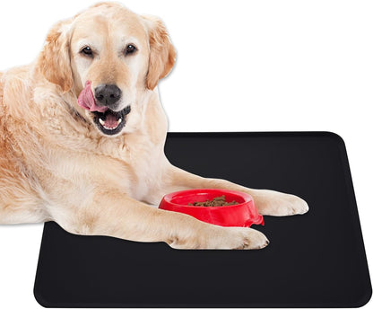 Silicone Non-Slip Dog and Cat Feeding Mat, Waterproof Pet Bowl Placemat for Small Animals (18.5" x 11.8", Black)