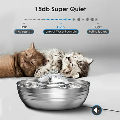CW-03 Cat Water Fountain - 304 Stainless Steel, 2L/68Oz Quiet Drinking Solution with Dual Filtration for Cats and Kittens, Silver Finish