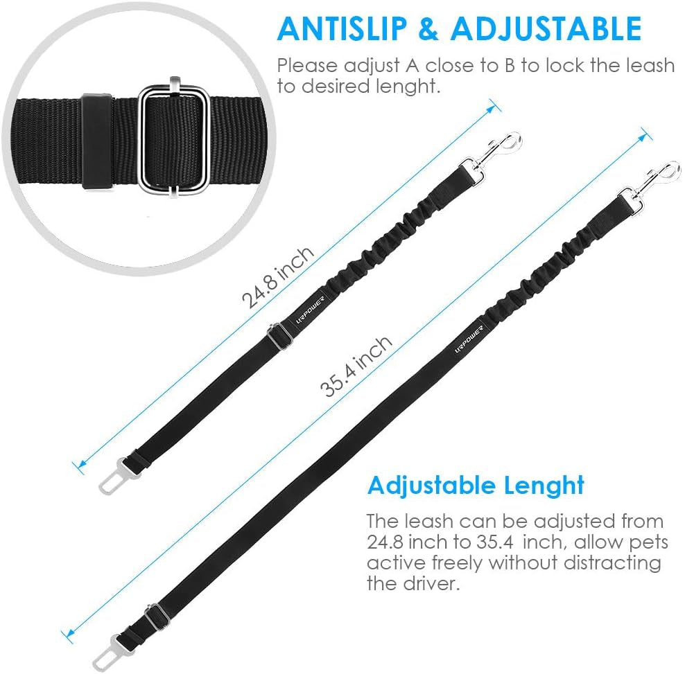 Adjustable 2-Pack Retractable Dog Seat Belt with Elastic Bungee Buffer, Heavy-Duty 360-Degree Swivel Car Harness for Pet Safety