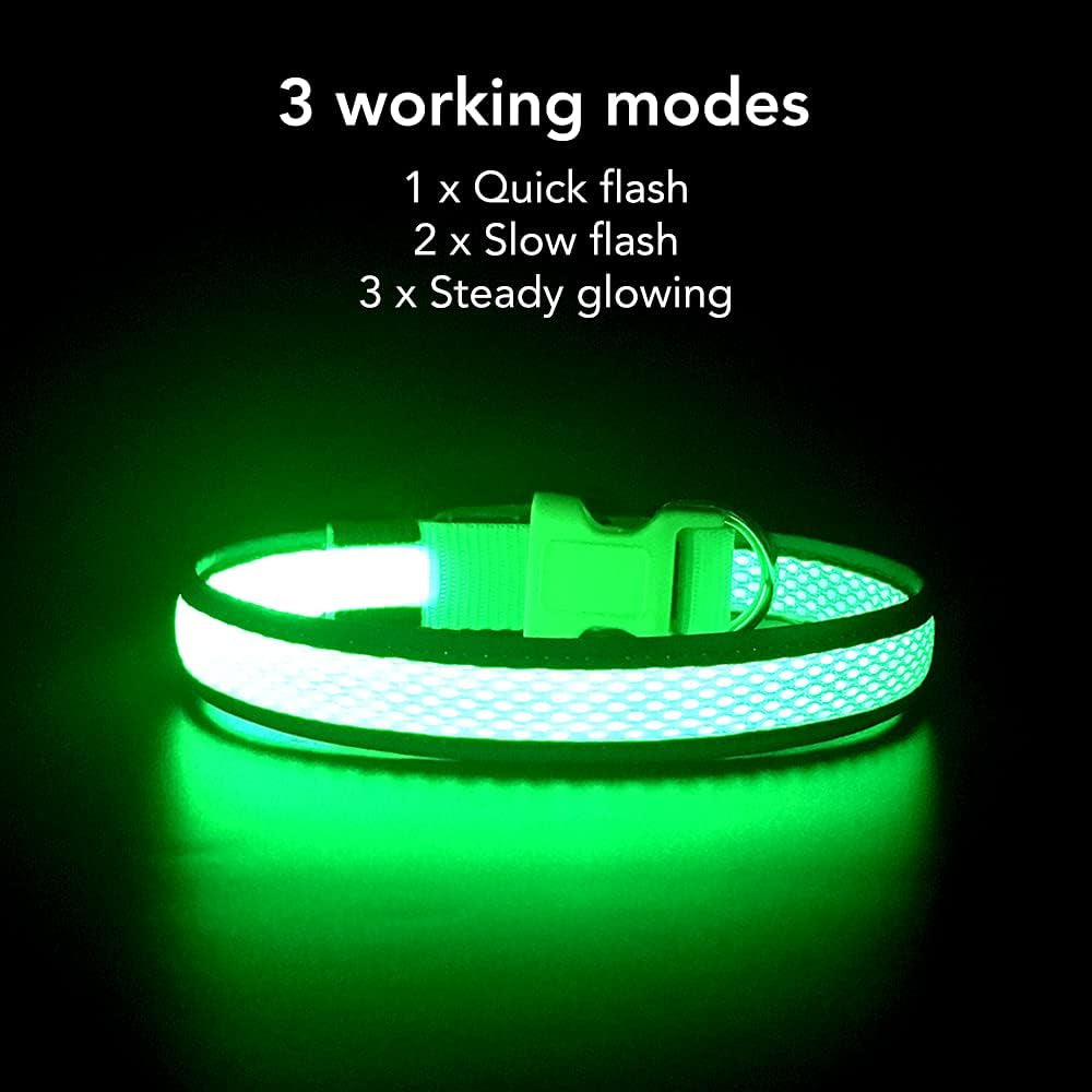 USB Rechargeable LED Dog Collar - Adjustable Super Bright Glowing Light for Night Walks (Green, Small)