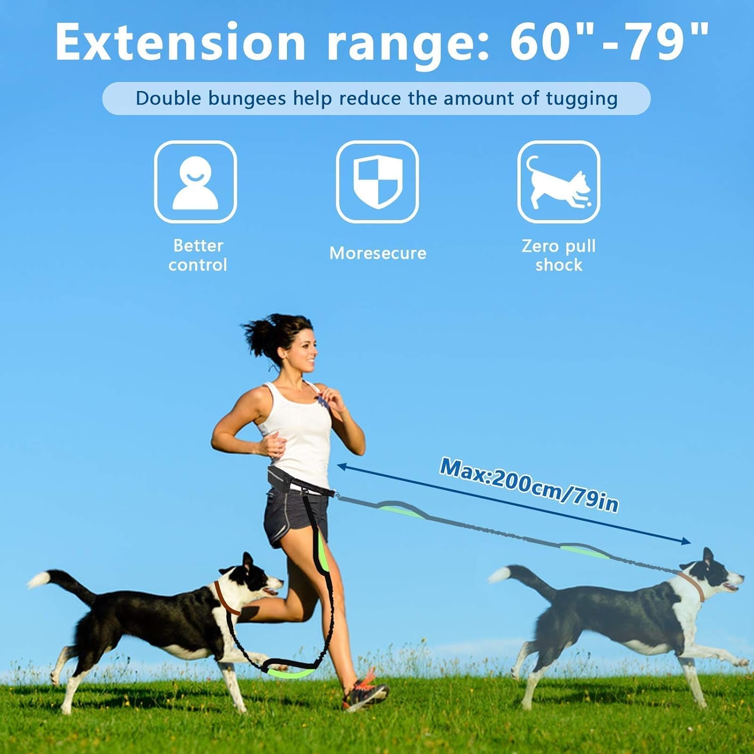 Hands-Free Dog Leash for Running, Walking, Jogging, and Hiking - Adjustable Waist Belt with Dual-Handle Reflective Bungee and Zipper Pouch for Small, Medium, and Large Dogs (Black with Green)