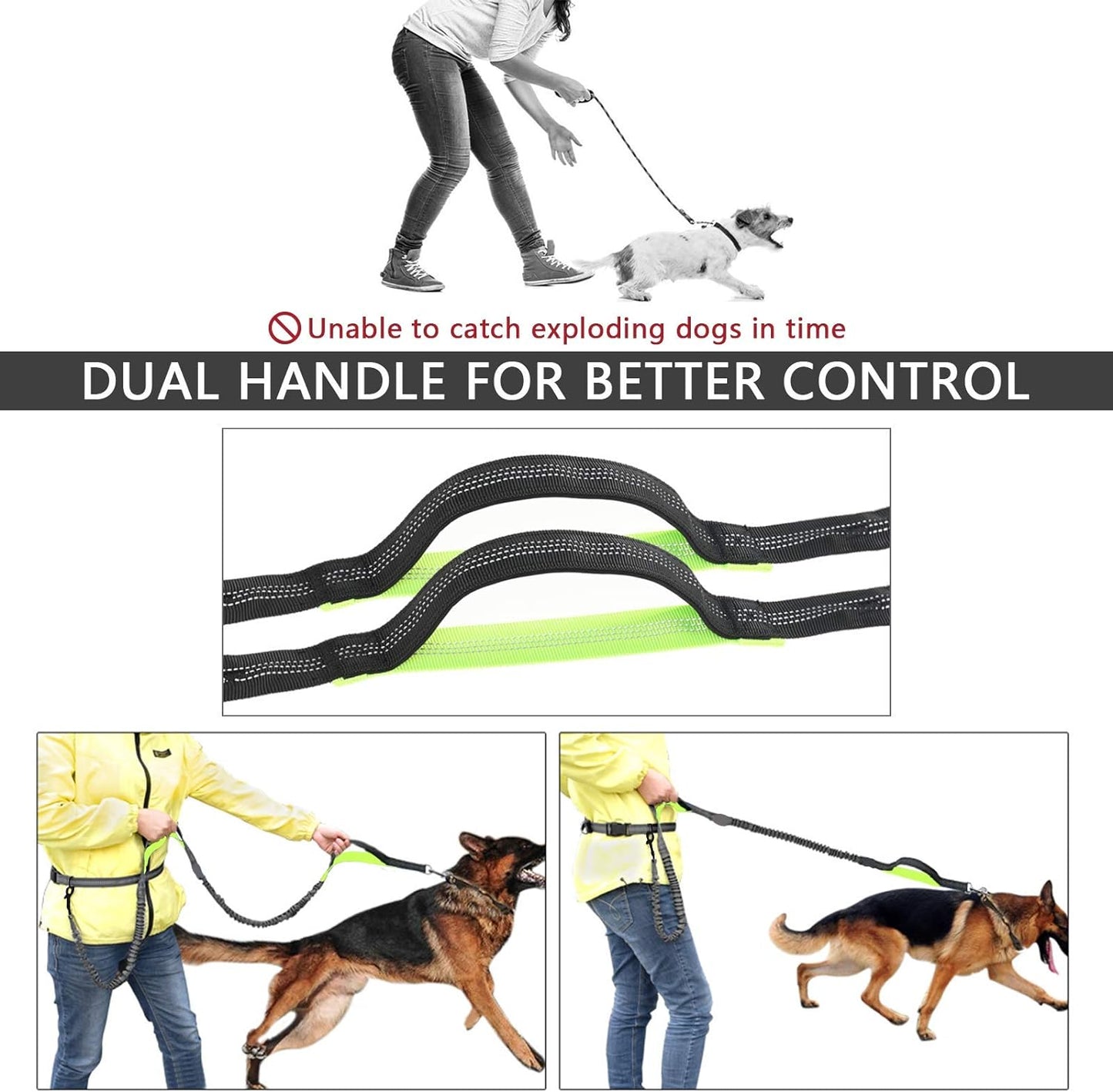 Hands-Free Dog Leash for Running, Walking, Jogging, and Hiking - Adjustable Waist Belt with Dual-Handle Reflective Bungee and Zipper Pouch for Small, Medium, and Large Dogs (Black with Green)