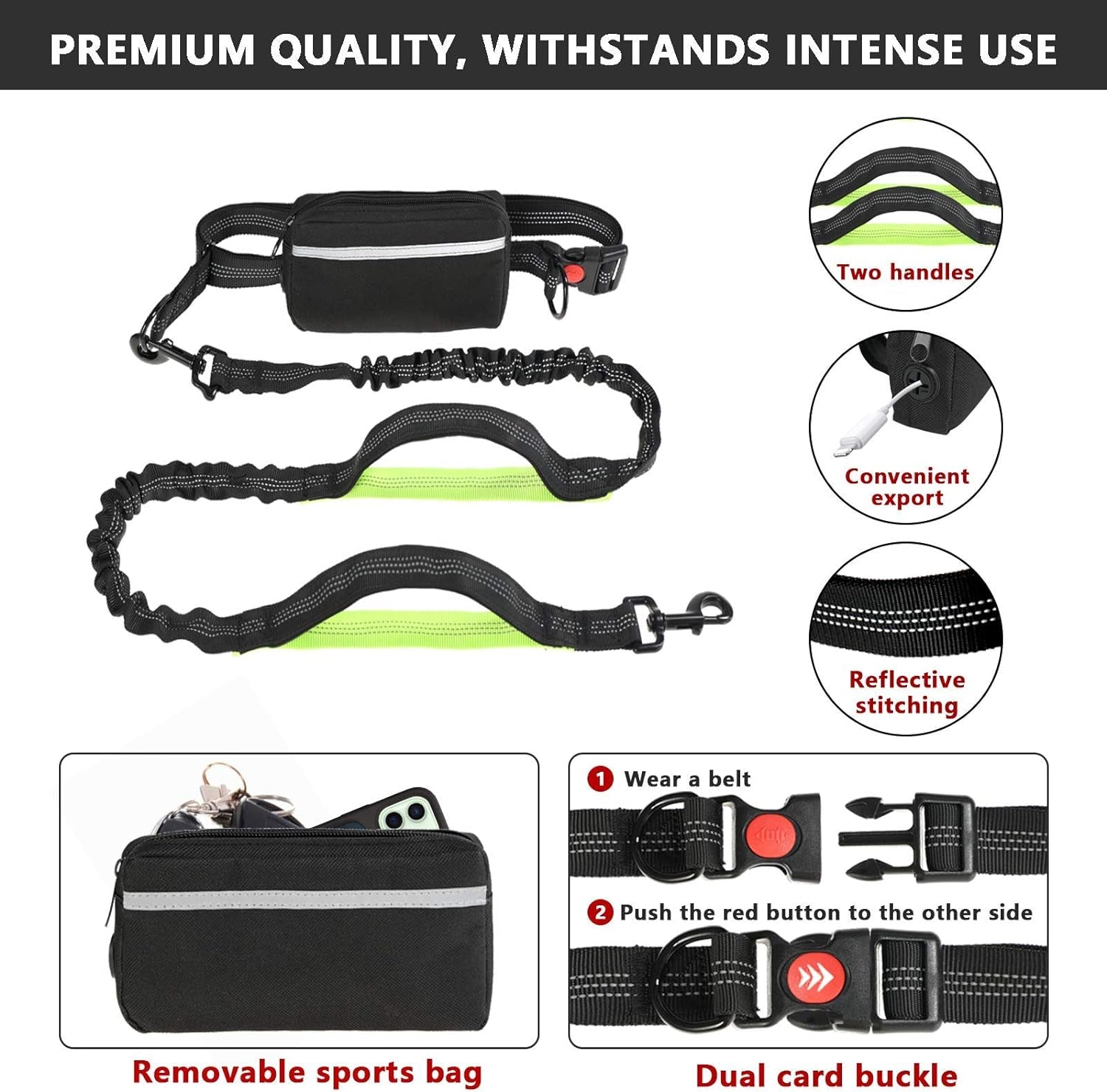 Hands-Free Dog Leash for Running, Walking, Jogging, and Hiking - Adjustable Waist Belt with Dual-Handle Reflective Bungee and Zipper Pouch for Small, Medium, and Large Dogs (Black with Green)