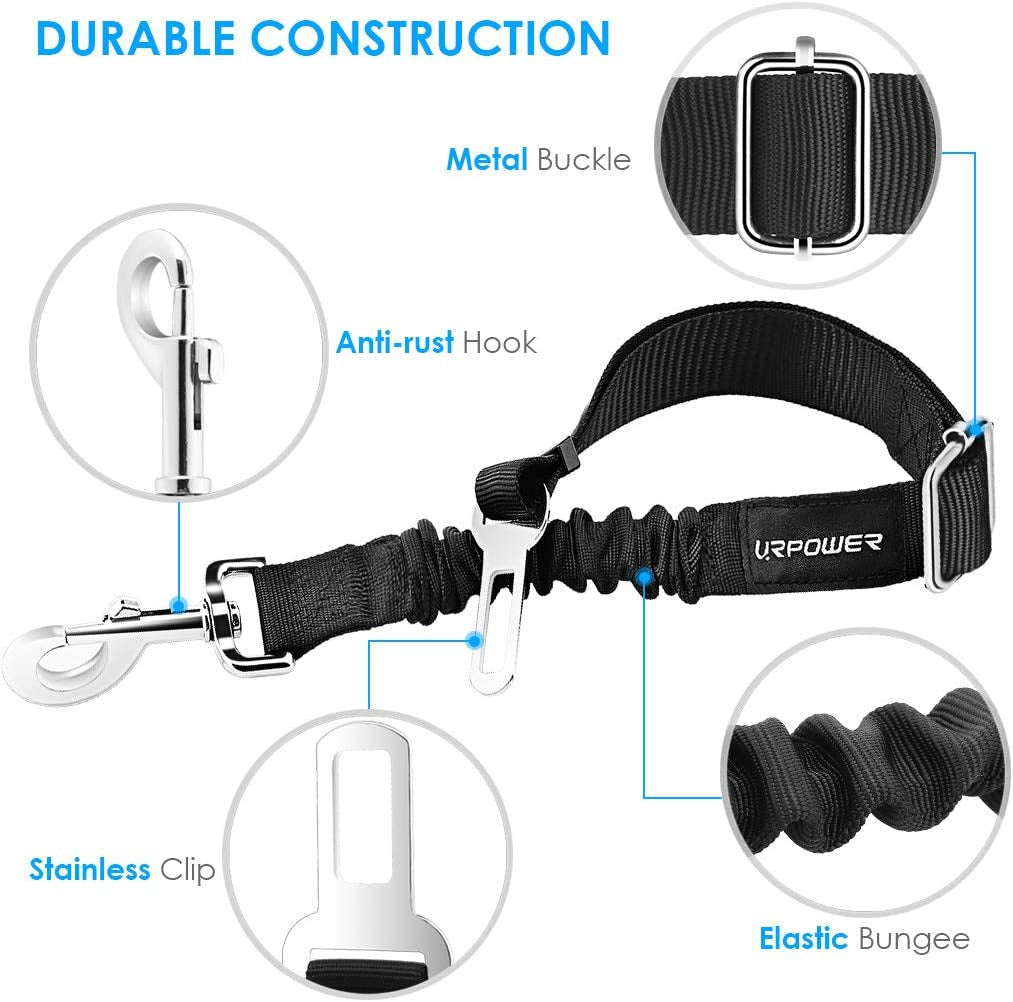 Adjustable 2-Pack Retractable Dog Seat Belt with Elastic Bungee Buffer, Heavy-Duty 360-Degree Swivel Car Harness for Pet Safety