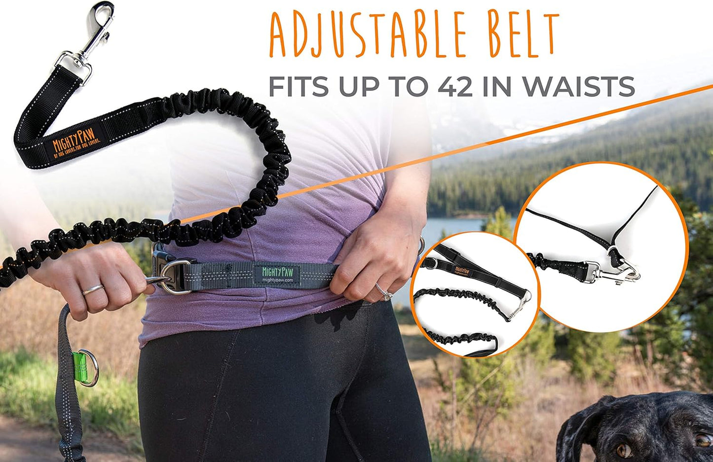 Hands-Free Bungee Dog Leash with Waist Belt for Walking and Running - Suitable for All Breeds up to 150 lbs (36" - 48") - Black