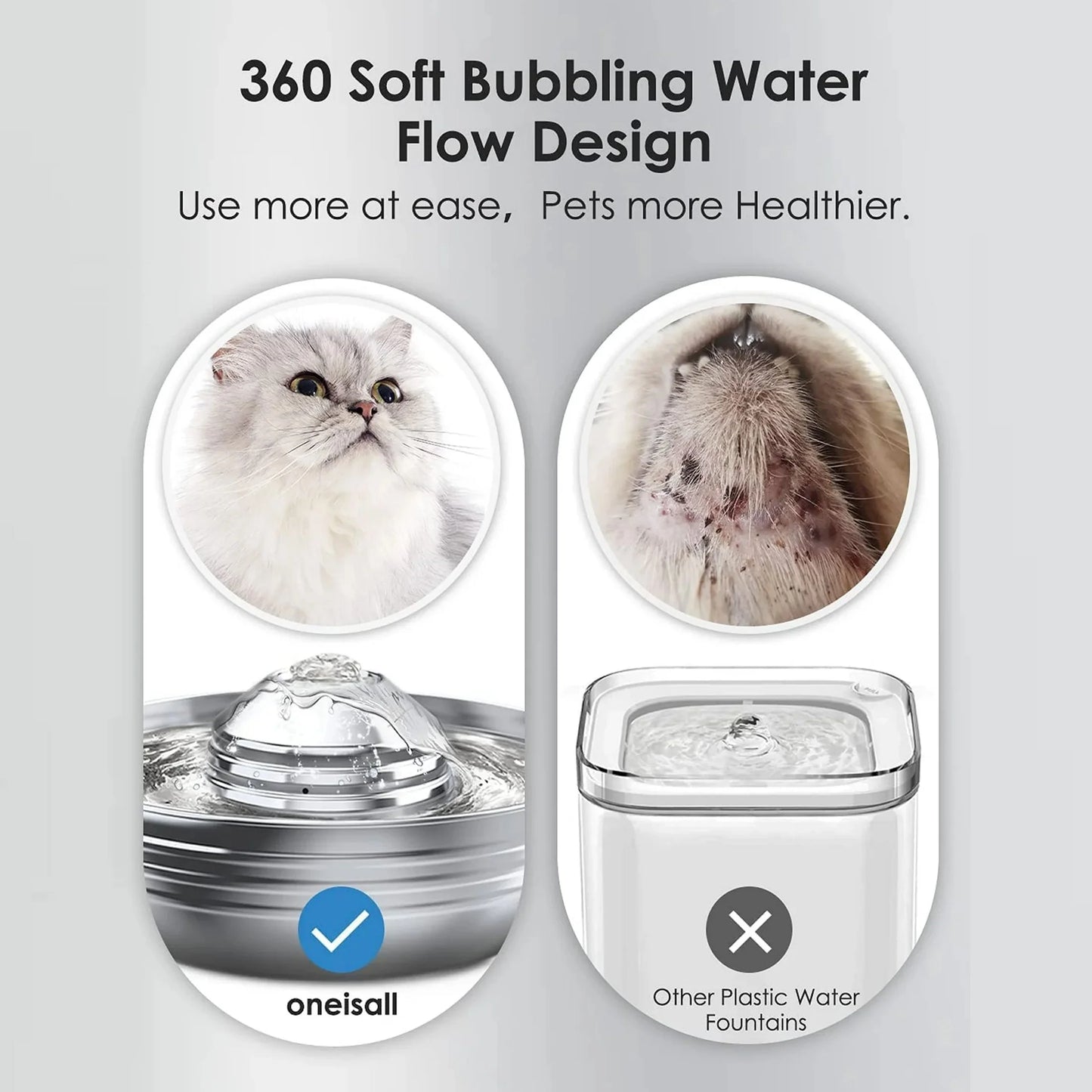 CW-03 Cat Water Fountain - 304 Stainless Steel, 2L/68Oz Quiet Drinking Solution with Dual Filtration for Cats and Kittens, Silver Finish