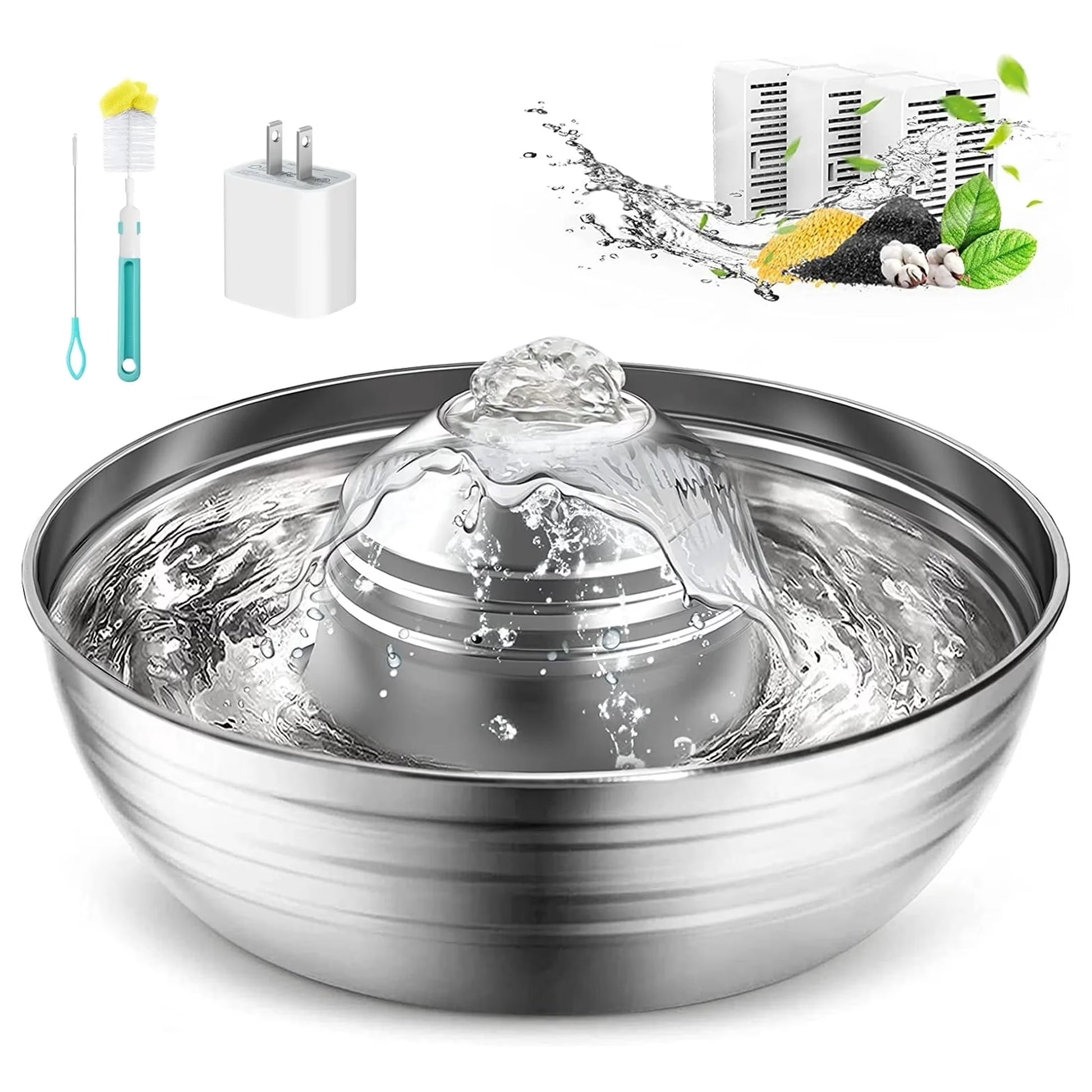 CW-03 Cat Water Fountain - 304 Stainless Steel, 2L/68Oz Quiet Drinking Solution with Dual Filtration for Cats and Kittens, Silver Finish