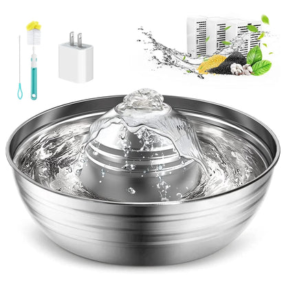 CW-03 Cat Water Fountain - 304 Stainless Steel, 2L/68Oz Quiet Drinking Solution with Dual Filtration for Cats and Kittens, Silver Finish