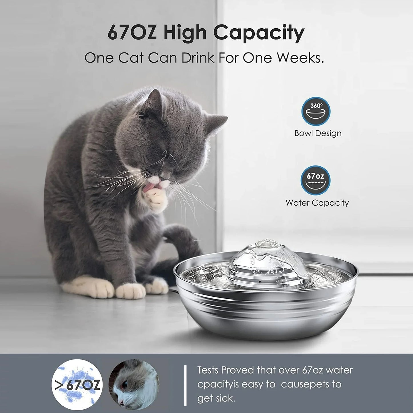CW-03 Cat Water Fountain - 304 Stainless Steel, 2L/68Oz Quiet Drinking Solution with Dual Filtration for Cats and Kittens, Silver Finish