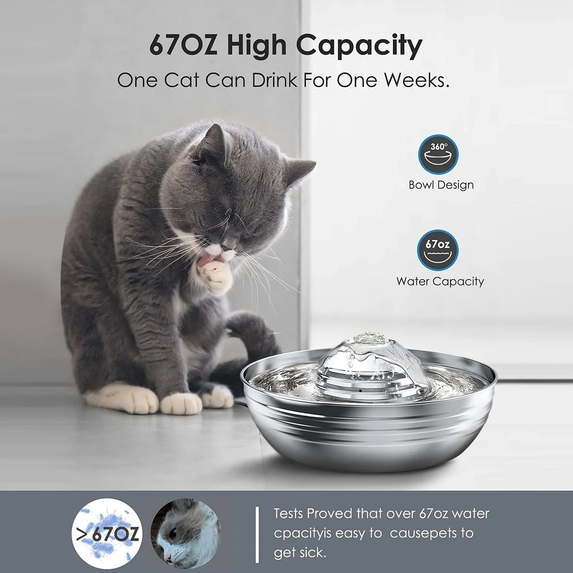 CW-03 Cat Water Fountain - 304 Stainless Steel, 2L/68Oz Quiet Drinking Solution with Dual Filtration for Cats and Kittens, Silver Finish