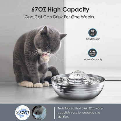 CW-03 Cat Water Fountain - 304 Stainless Steel, 2L/68Oz Quiet Drinking Solution with Dual Filtration for Cats and Kittens, Silver Finish