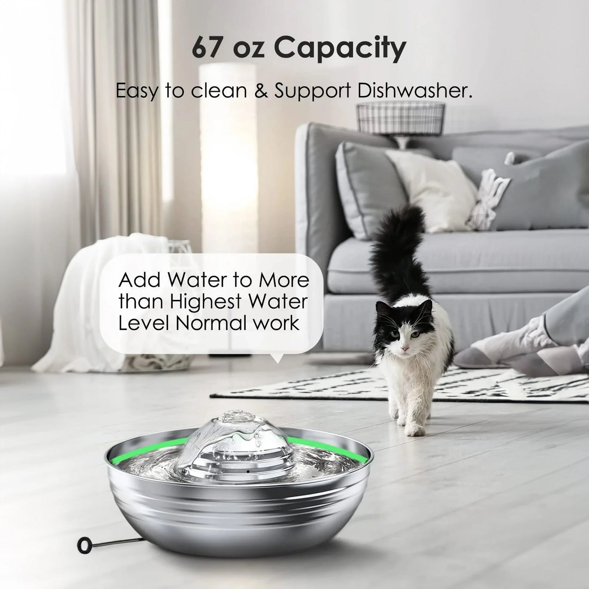 CW-03 Cat Water Fountain - 304 Stainless Steel, 2L/68Oz Quiet Drinking Solution with Dual Filtration for Cats and Kittens, Silver Finish