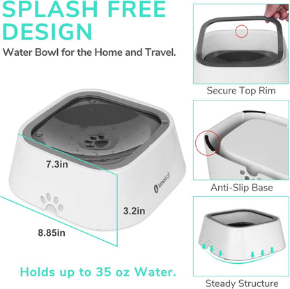Revolutionary No Spill Water Bowl for Dogs - Drip-Free, Splash-Proof Slow Feeder in Grey (35 Oz)