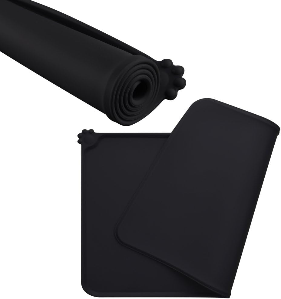 Silicone Non-Slip Dog and Cat Feeding Mat, Waterproof Pet Bowl Placemat for Small Animals (18.5" x 11.8", Black)