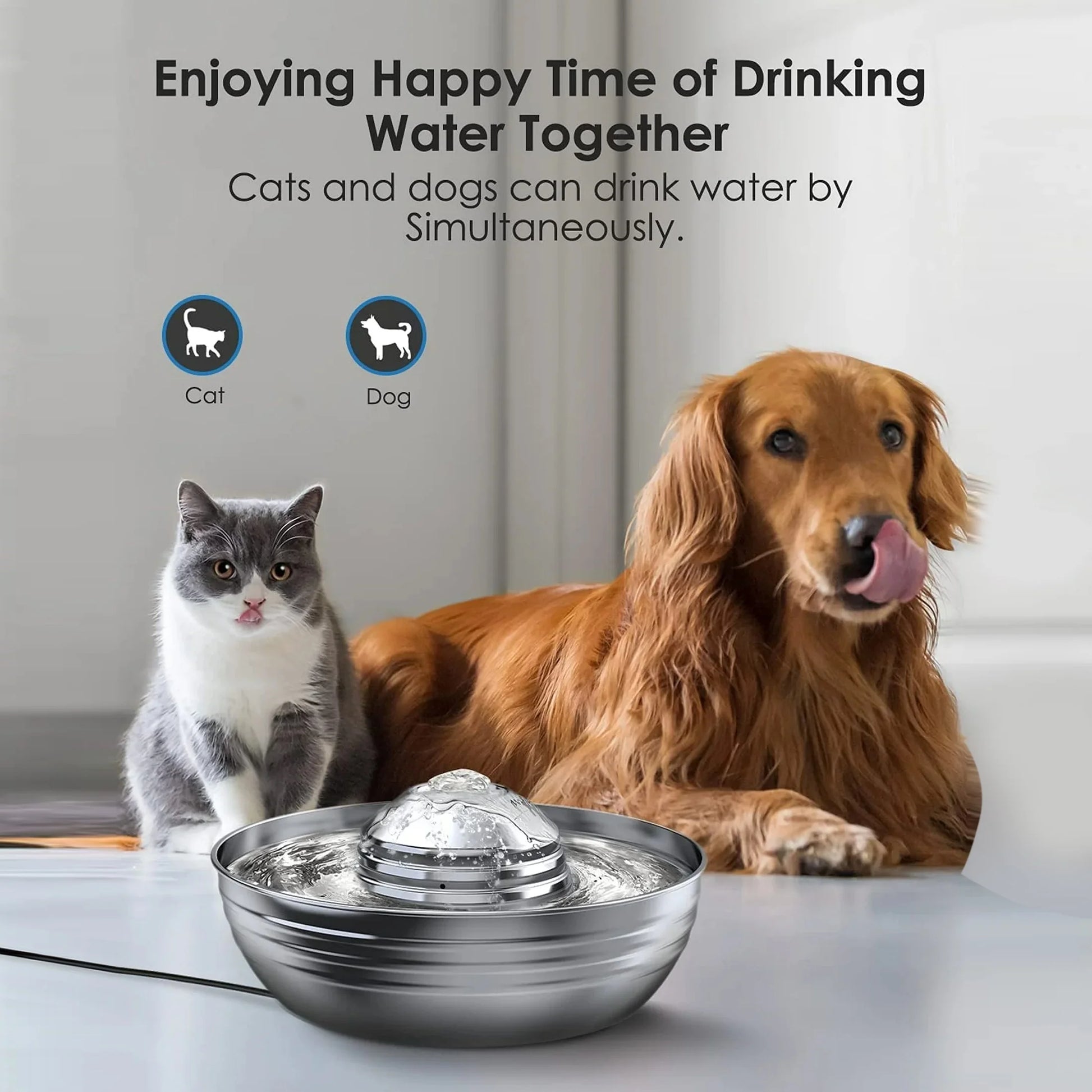 CW-03 Cat Water Fountain - 304 Stainless Steel, 2L/68Oz Quiet Drinking Solution with Dual Filtration for Cats and Kittens, Silver Finish