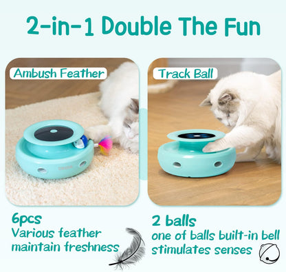 2-in-1 Interactive Cat Toys for Indoor Cats - Automatic Toy Balls and Mice with Ambush Feather Attachments, Dual Power Supply, Adjustable Speed, and Auto On/Off Feature