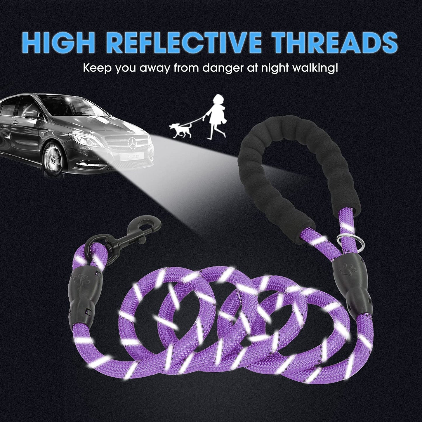 2-Pack 5/6 FT Dog Leash Set with Padded Handle and Reflective Threads for Small, Medium, and Large Dogs (5FT-1/2'', Black and Purple)