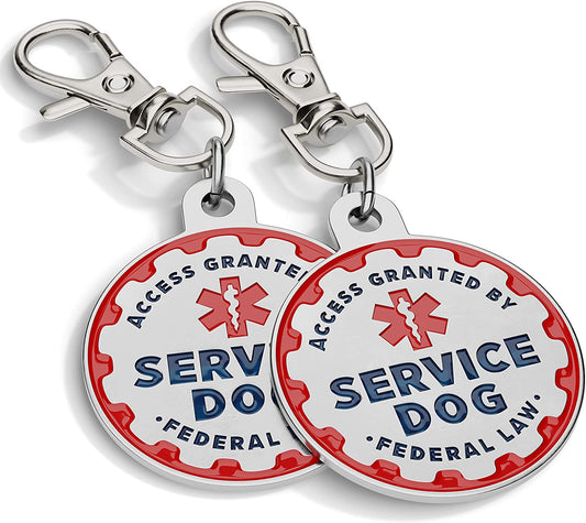 Service Dog ID Tags - 2 Pack: Durable Metal Pet Identification Tags for Service Animals, Emotional Support Dogs, and Therapy Dogs, 1.25 Inch Diameter, Double-Sided Design with Navy Lettering and Red Enamel Trim