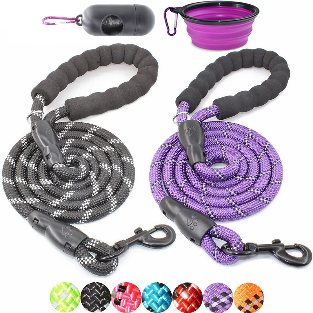 2-Pack 5/6 FT Dog Leash Set with Padded Handle and Reflective Threads for Small, Medium, and Large Dogs (5FT-1/2'', Black and Purple)