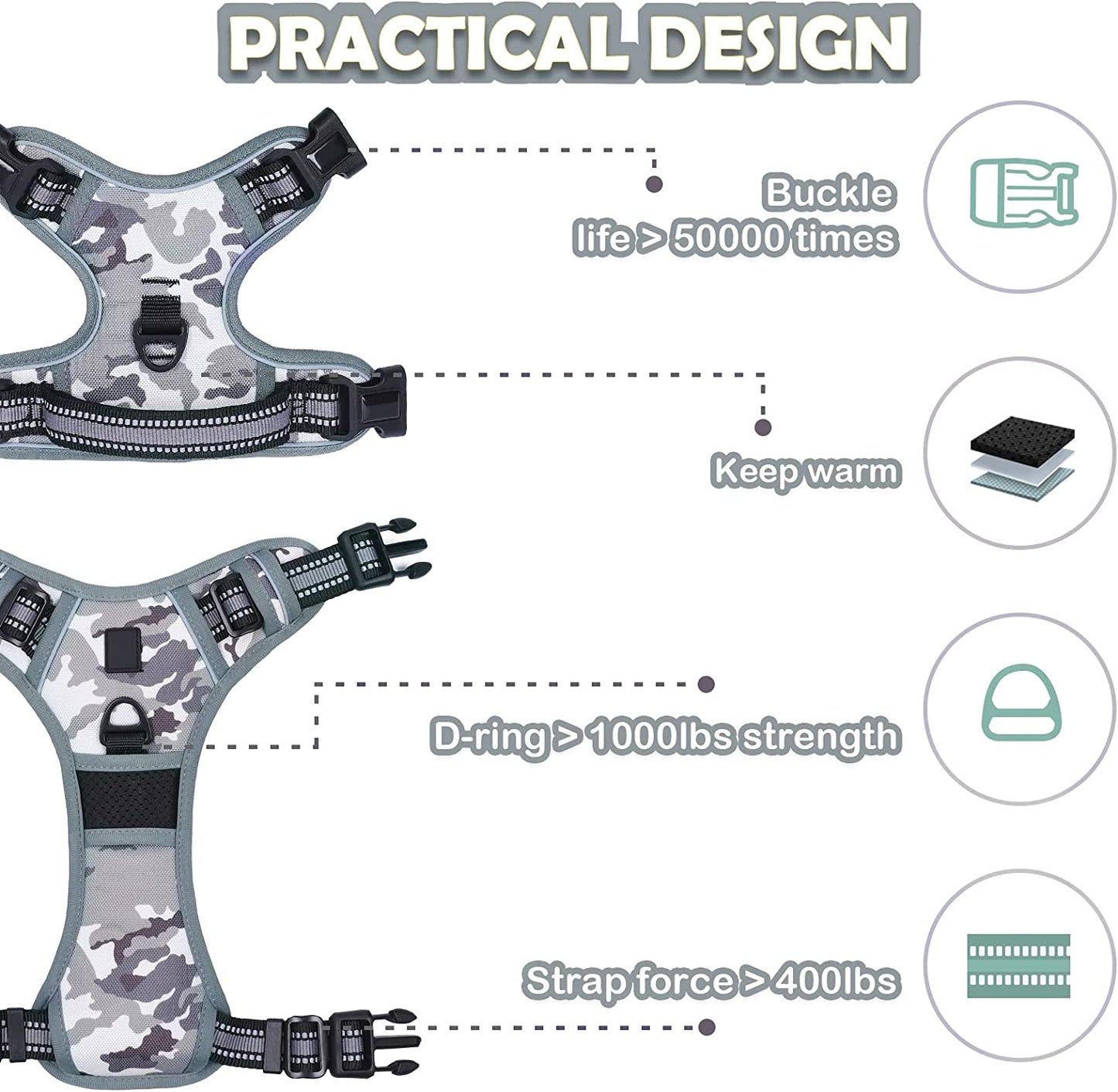 Waldseemuller No-Pull Dog Harness for Large Dogs - Easy Walk Harness with 4 Buckles for Medium to Extra Large Dogs and Puppy Training