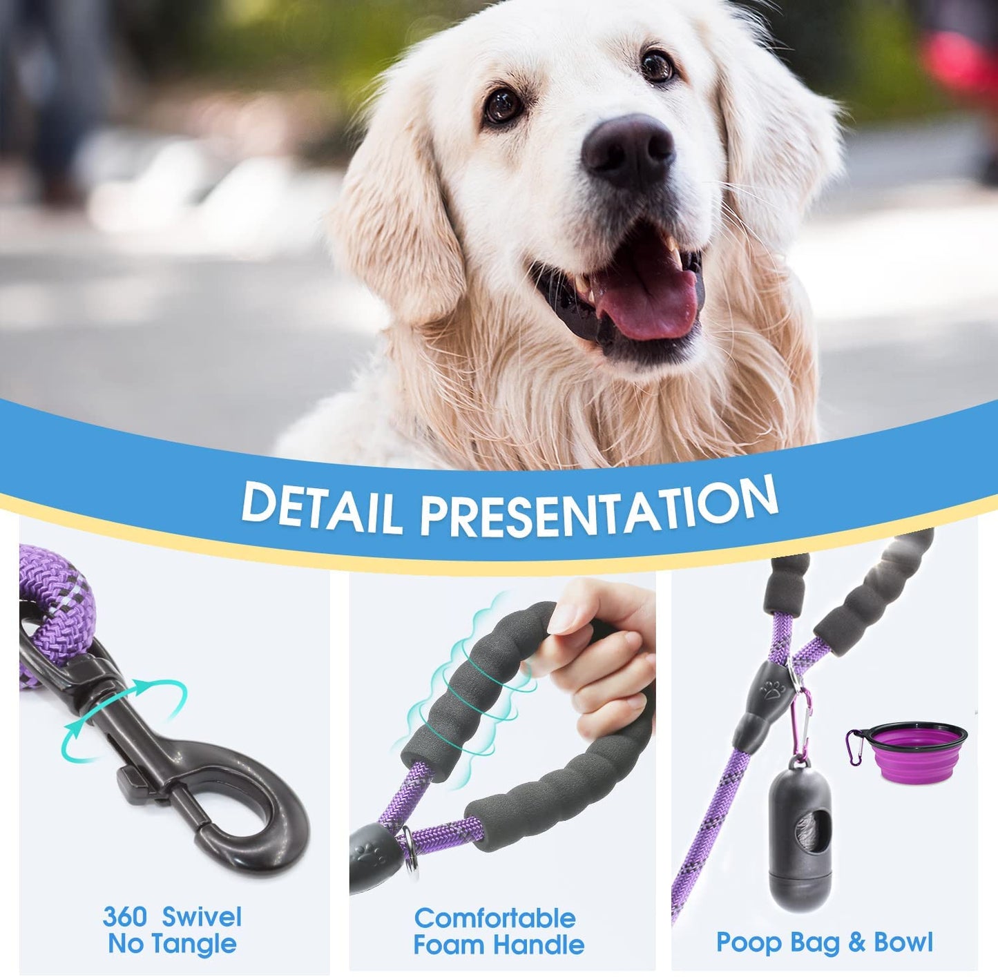 2-Pack 5/6 FT Dog Leash Set with Padded Handle and Reflective Threads for Small, Medium, and Large Dogs (5FT-1/2'', Black and Purple)