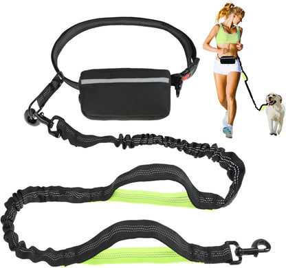 Hands-Free Dog Leash for Running, Walking, Jogging, and Hiking - Adjustable Waist Belt with Dual-Handle Reflective Bungee and Zipper Pouch for Small, Medium, and Large Dogs (Black with Green)
