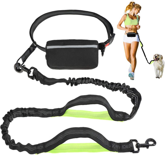Hands-Free Dog Leash for Running, Walking, Jogging, and Hiking - Adjustable Waist Belt with Dual-Handle Reflective Bungee and Zipper Pouch for Small, Medium, and Large Dogs (Black with Green)
