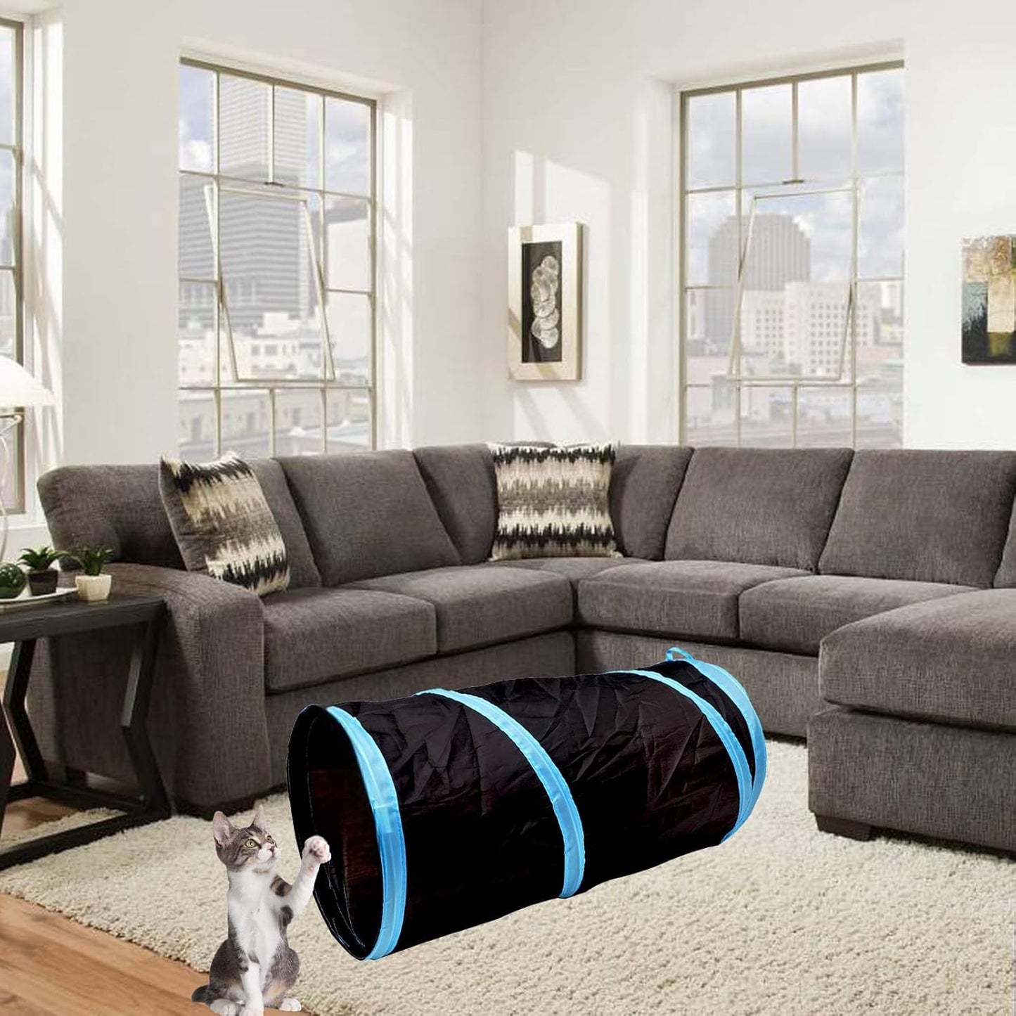 Interactive Cat and Rabbit Tunnel Toy - Collapsible 20" Play Tunnel for Indoor Pets, Including Cats, Kittens, Rabbits, and Puppies - Crinkle Design in Black