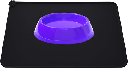 Silicone Non-Slip Dog and Cat Feeding Mat, Waterproof Pet Bowl Placemat for Small Animals (18.5" x 11.8", Black)